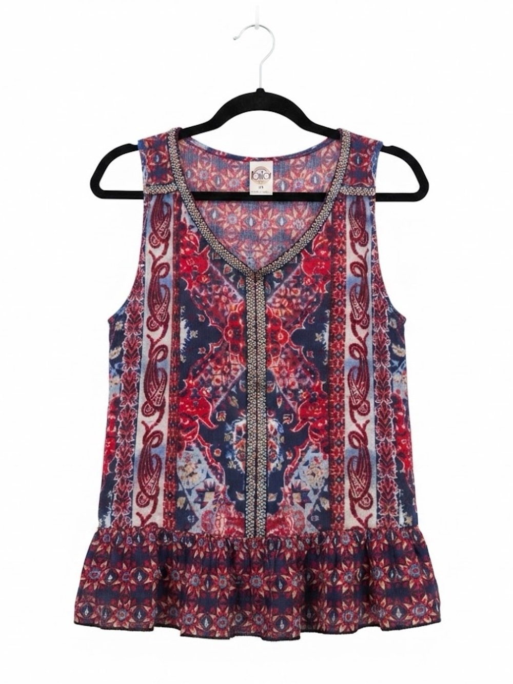 Bila Women’s Medium Boho Printed Sleeveless Ruffle Hem Tank Top - Red & Blue